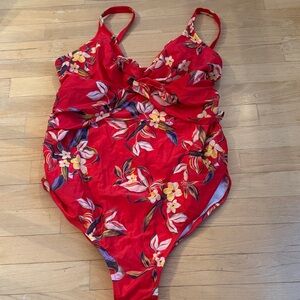 Old Navy Red Floral Twist-Front One-Piece Swimsuit